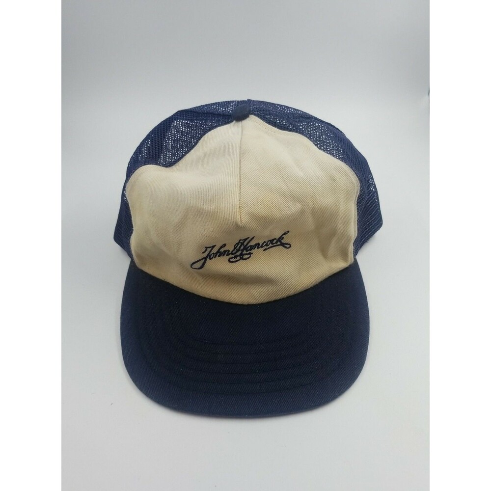 JOHN HANCOCK  Vintage Trucker Hat cap Navy embroidered Snapback Made in USA H2
